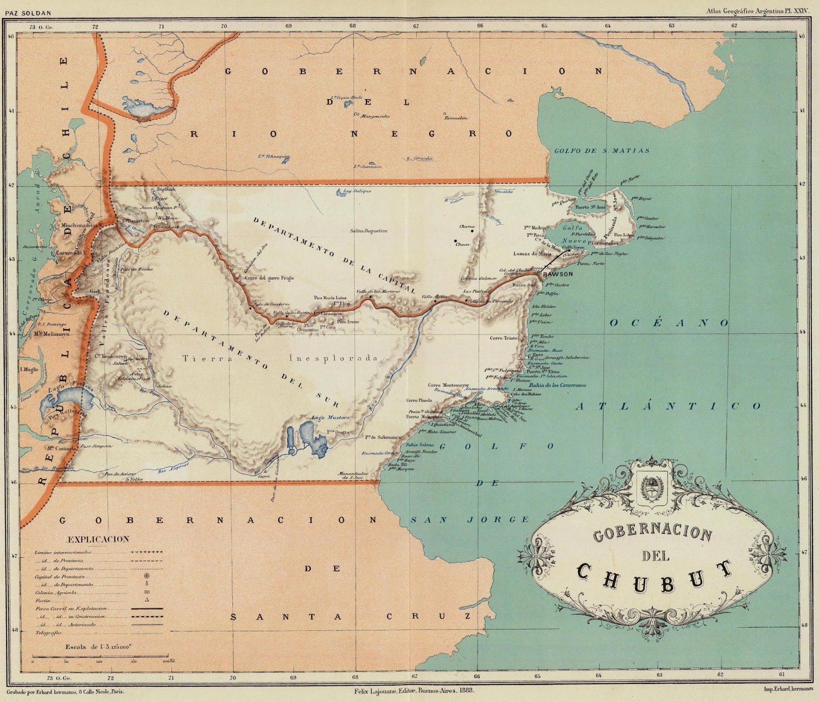 División departamental del Territorio Nacional del Chubut: Capital y Sur (1885), separados por el río Chubut