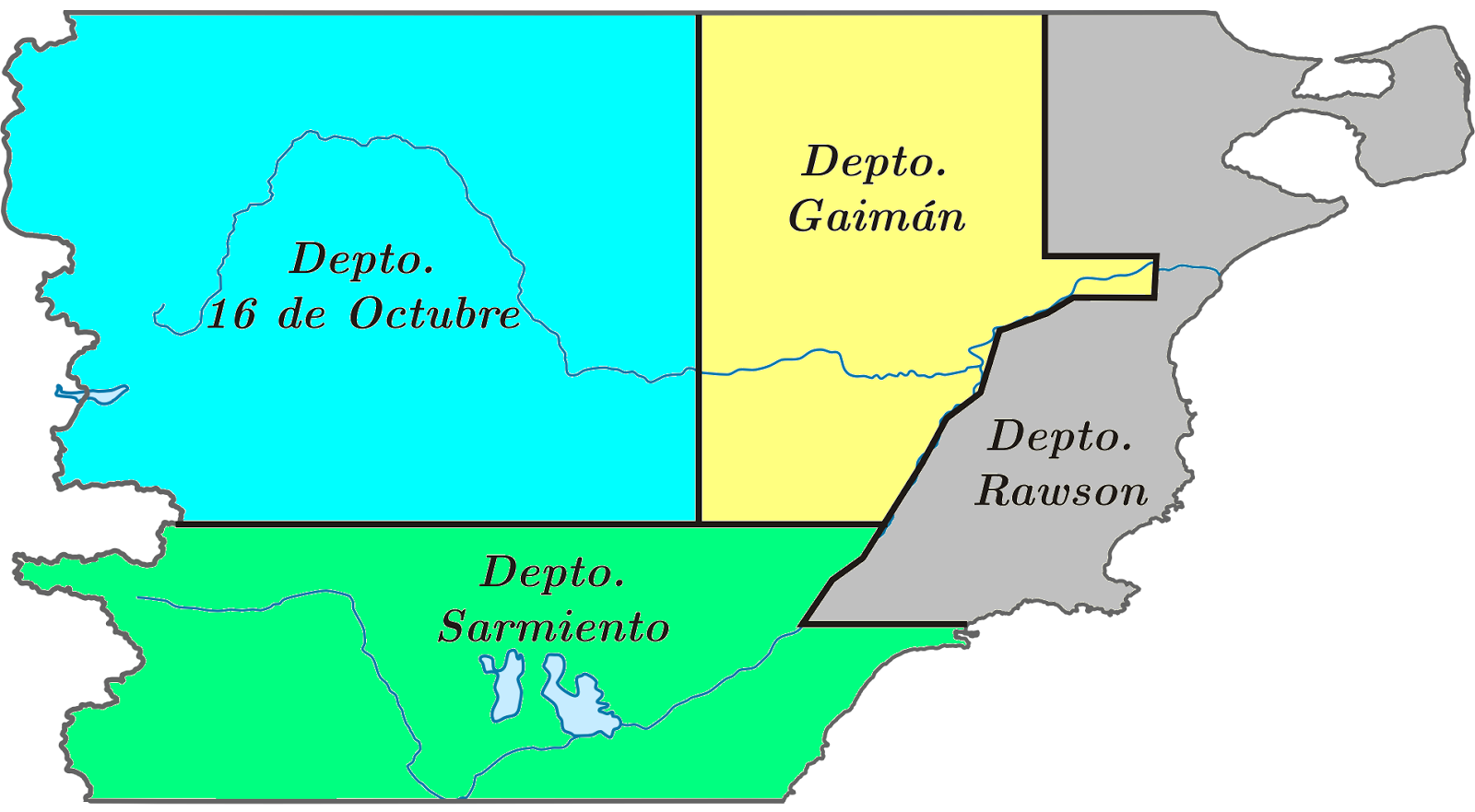 División departamental del Territorio Nacional del Chubut: departamentos de Rawson, Gaimán, 16 de Octubre y Sarmiento